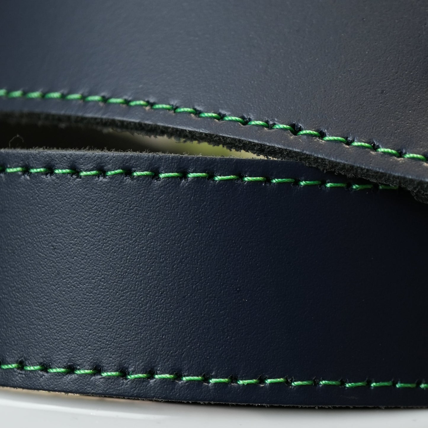 Hand Made Leather Belt - 30mm Navy with Green Stitch