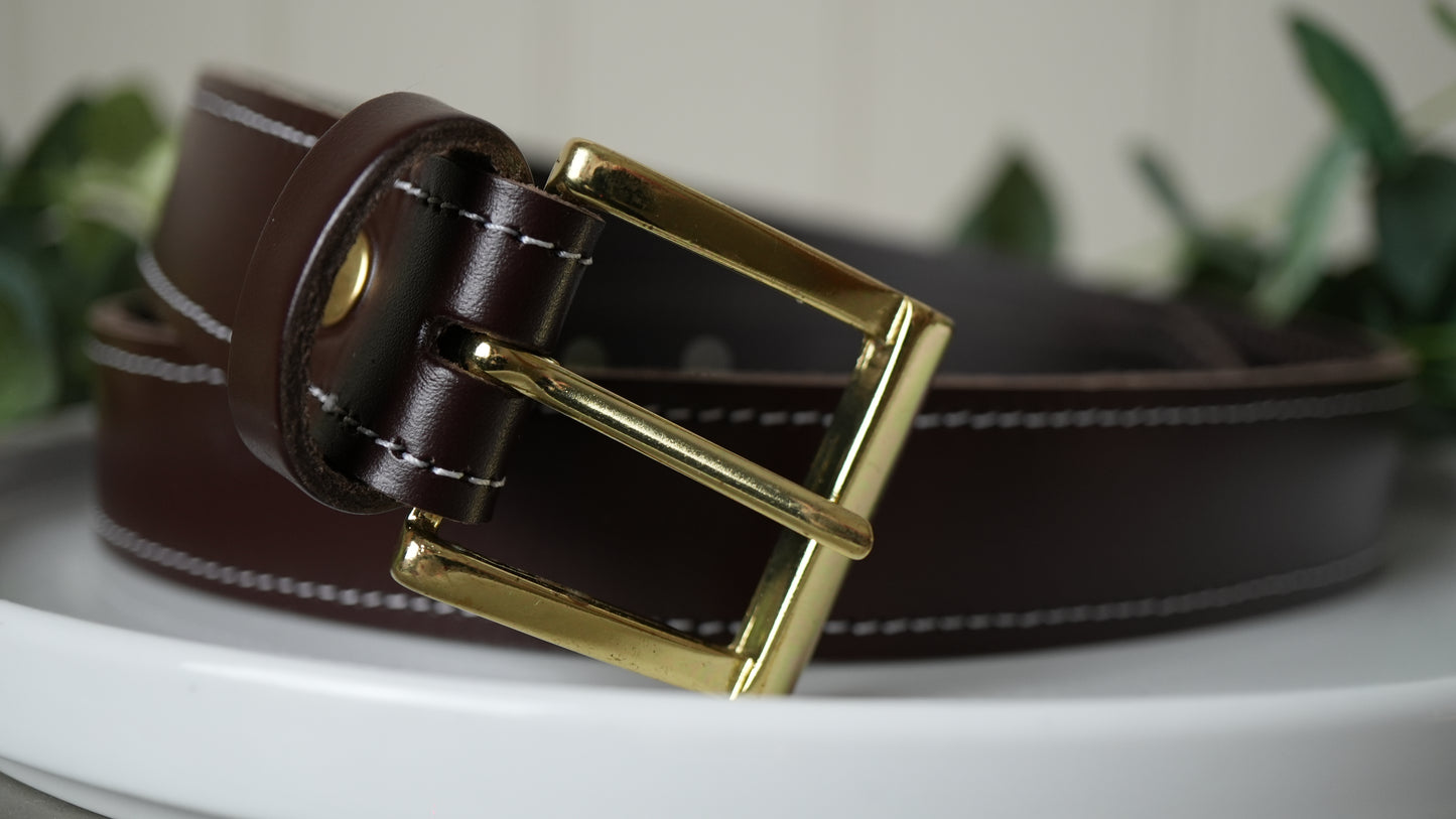 Hand Made Leather Belt - 30mm Brown with White Stitch