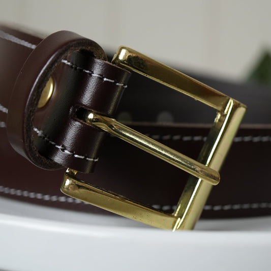 Hand Made Leather Belt - 25mm Brown with White Stitch