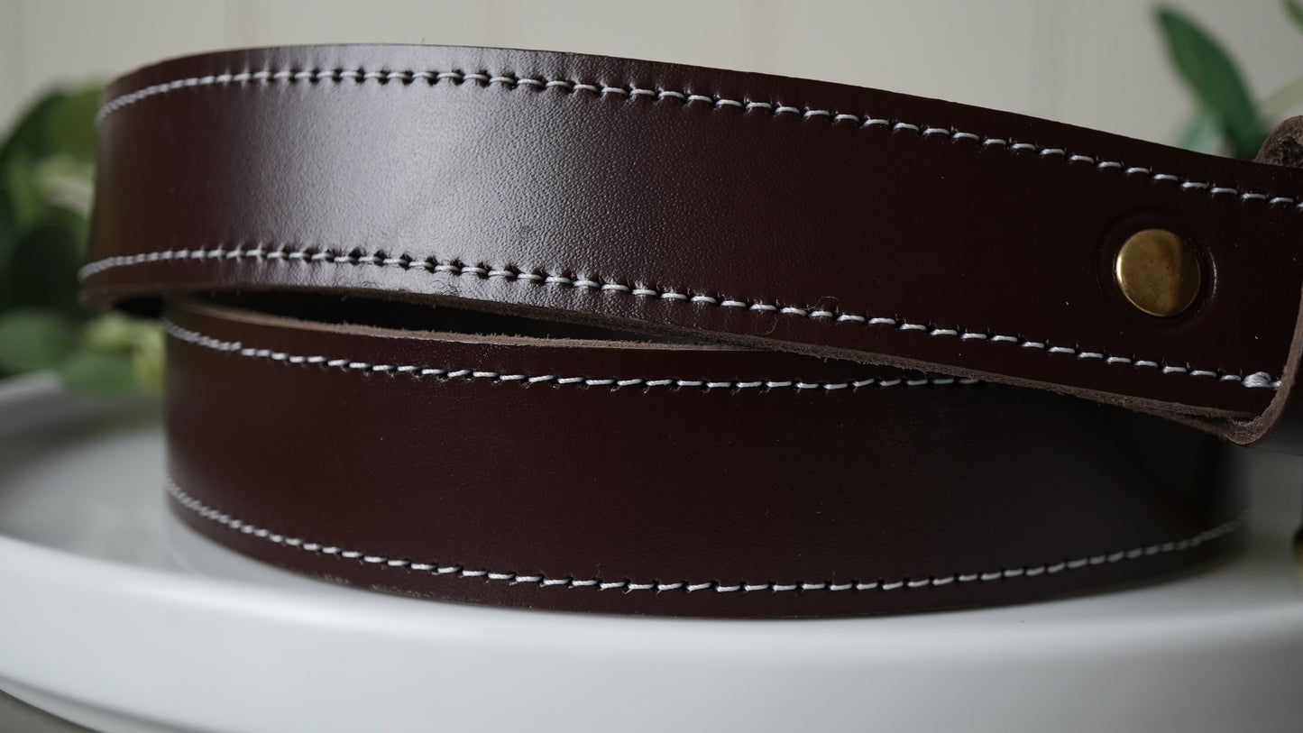 Hand Made Leather Belt - 30mm Brown with White Stitch