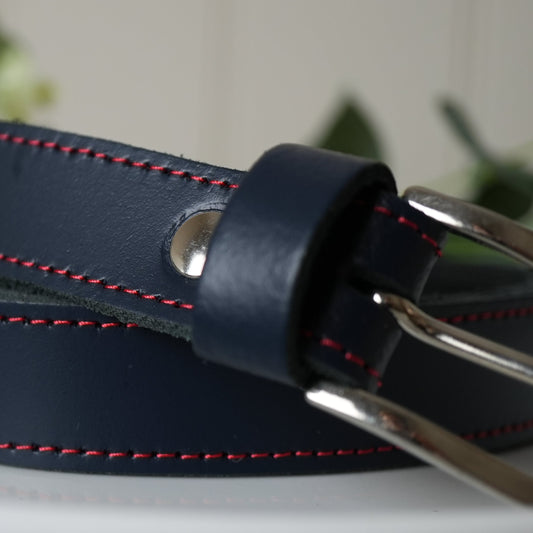 Hand Made Leather Belt - 25mm Navy with Red Stitch