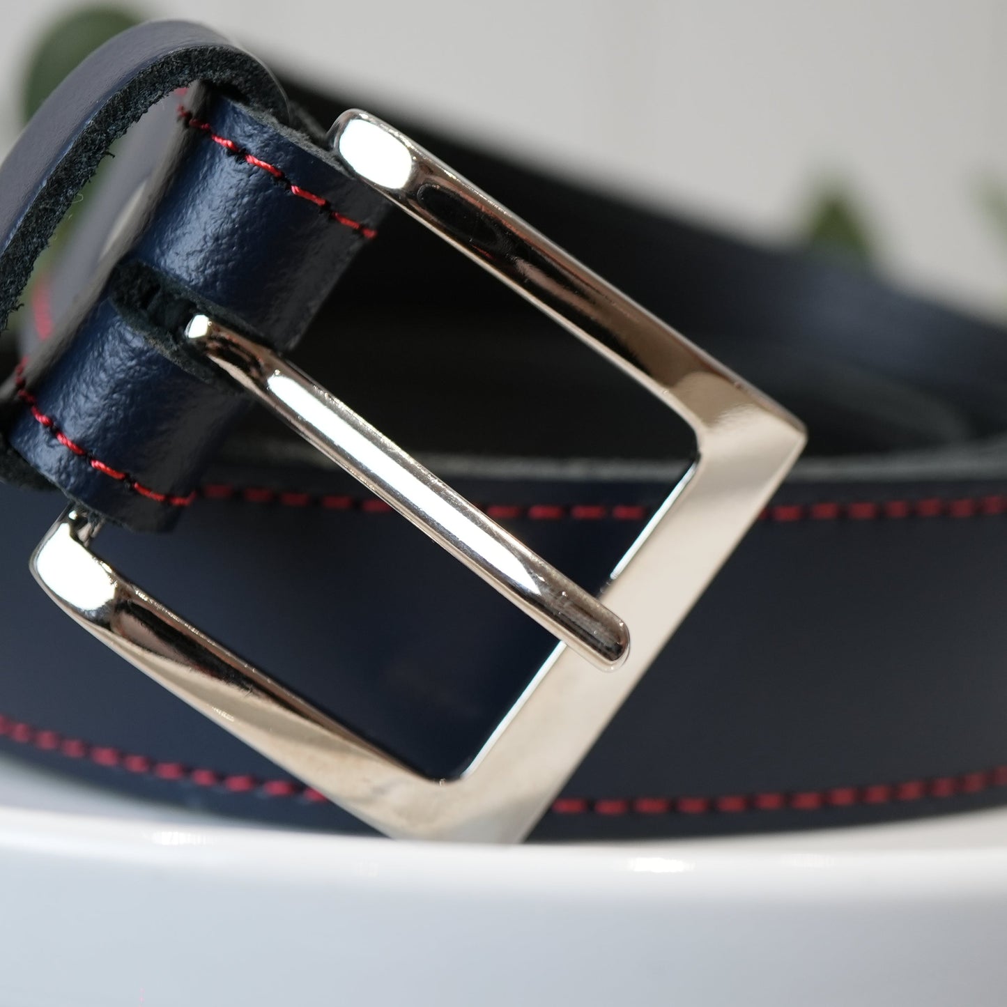 Hand Made Leather Belt - 30mm Navy with Red Stitch