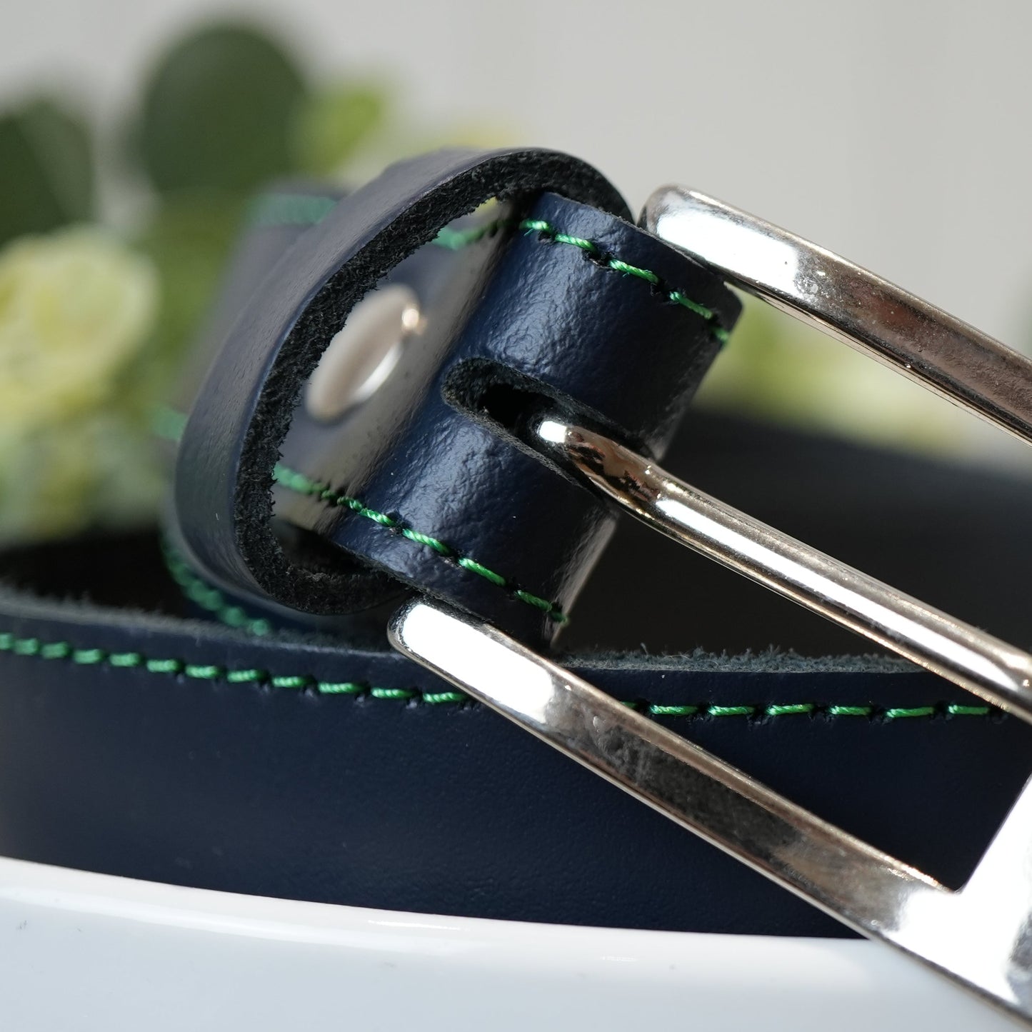 Hand Made Leather Belt - 25mm Navy with Green Stitch