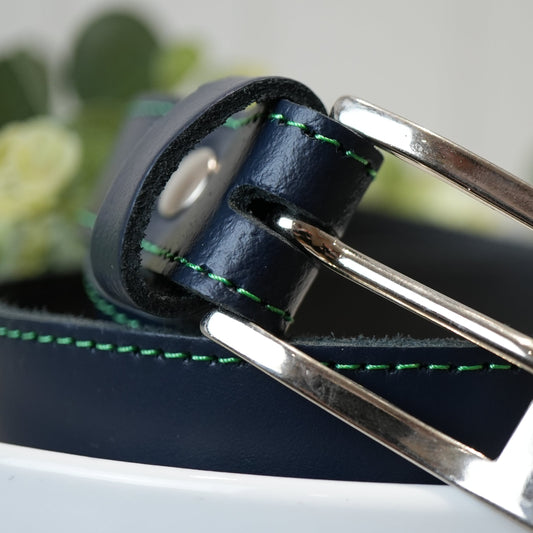 Hand Made Leather Belt - 25mm Navy with Green Stitch