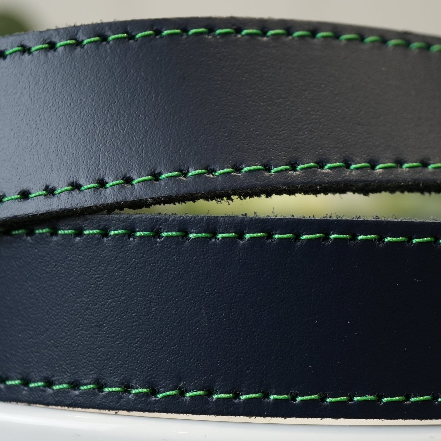 Hand Made Leather Belt - 25mm Navy with Green Stitch