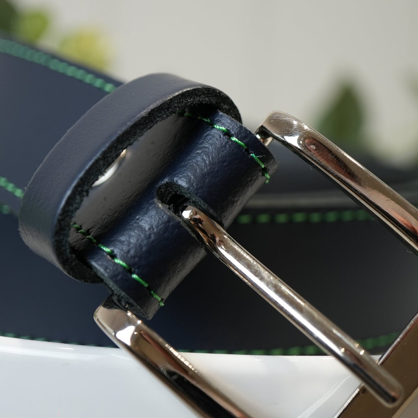Hand Made Leather Belt - 30mm Navy with Green Stitch