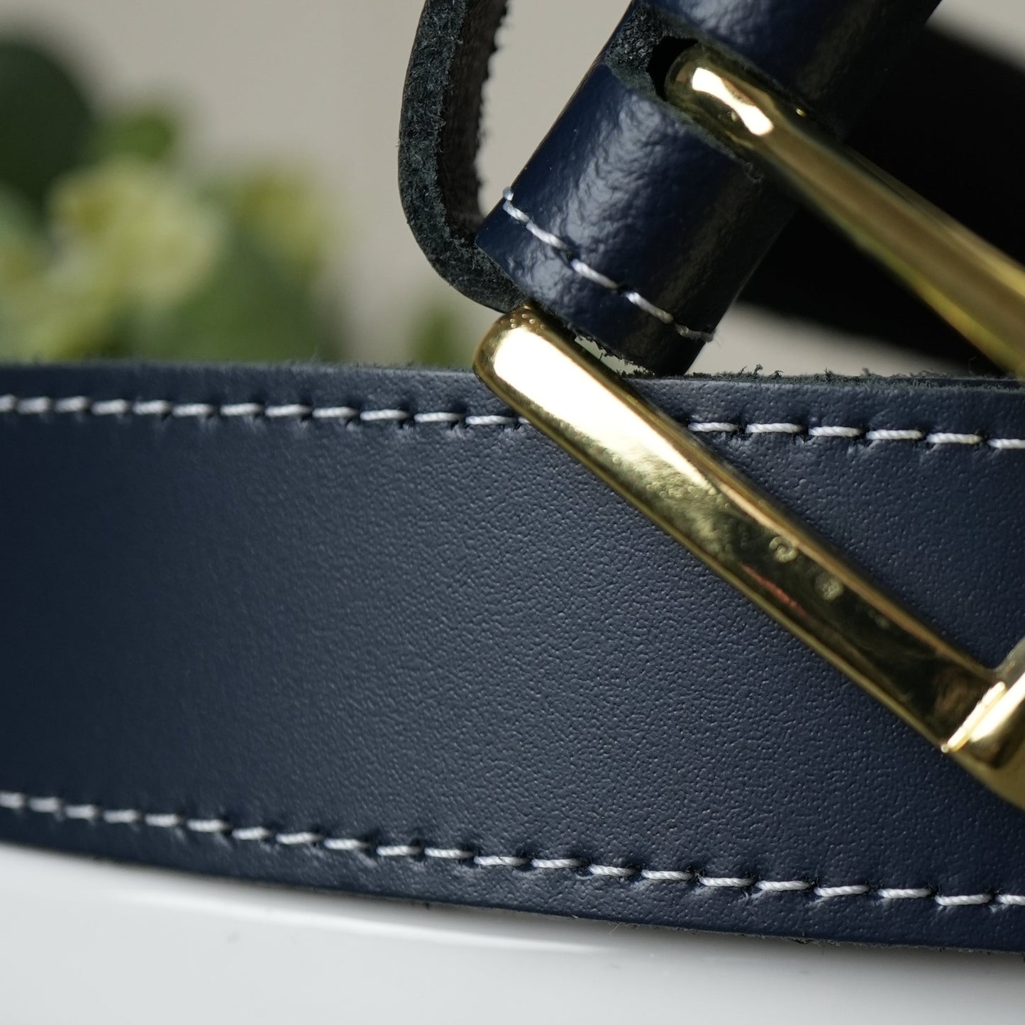 Hand Made Leather Belt - 30mm Navy with White Stitch